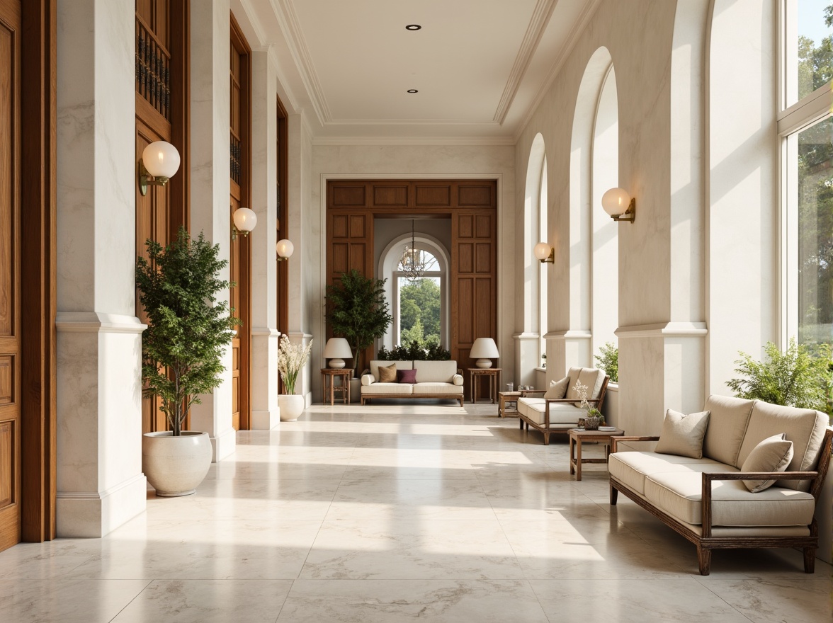 Prompt: Luxurious interior space, marble flooring, elegant white columns, sophisticated furniture designs, rich textures, subtle veining patterns, creamy color palette, ambient warm lighting, shallow depth of field, 1/1 composition, ornate details, metallic accents, refined atmosphere, upscale decor, classical architecture inspiration.