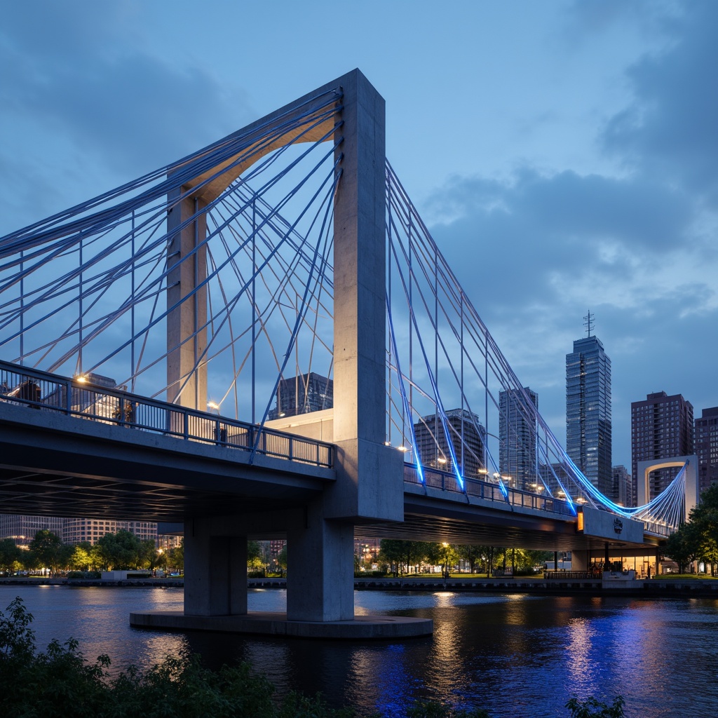 Prompt: Futuristic bridge design, sleek metal arches, suspension cables, LED lighting systems, glowing blue accents, modern urban landscape, city skyline, riverbank setting, concrete piers, steel beams, diagonal bracing, cantilevered sections, asymmetrical composition, dramatic curves, kinetic energy, high-contrast lighting, deep depth of field, 2/3 composition, wide-angle lens, realistic reflections, ambient occlusion.