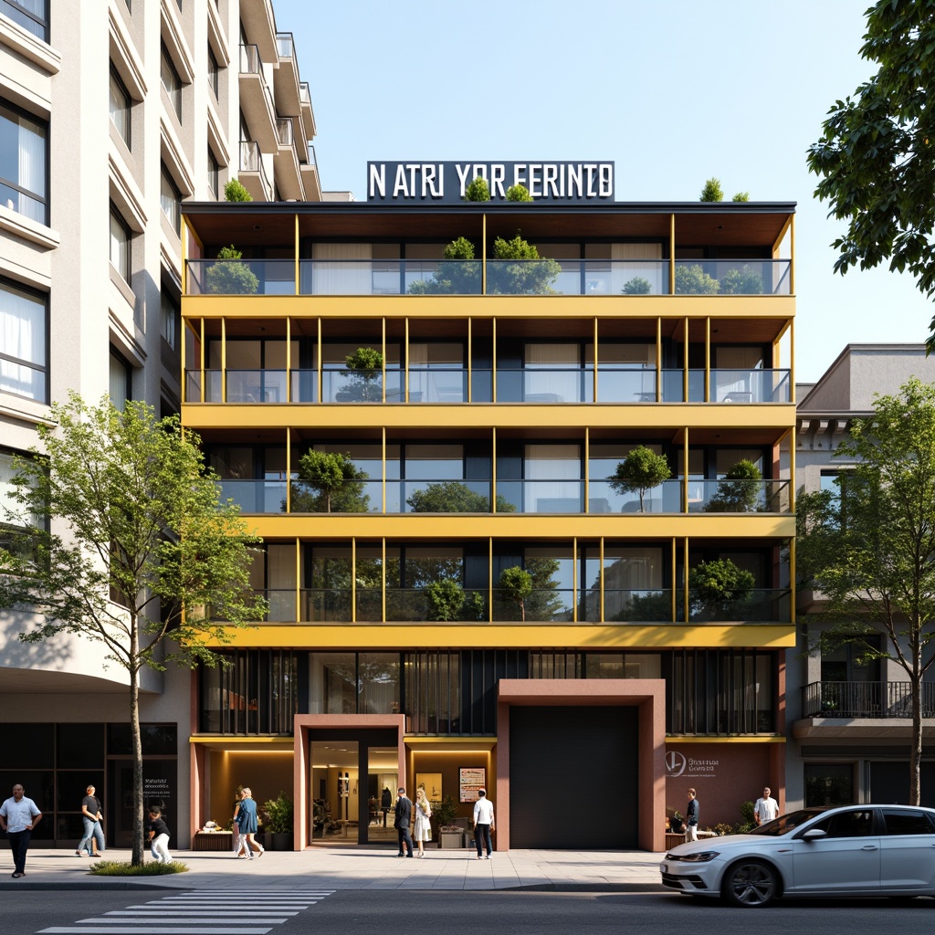 Prompt: Clean lines, rectangular forms, primary colors, industrial materials, functional simplicity, grid-like facade, cantilevered awnings, steel frames, large glass windows, minimalist signage, bold typography, urban context, busy street scene, morning sunlight, shallow depth of field, 2/3 composition, architectural photography, realistic textures, ambient occlusion.