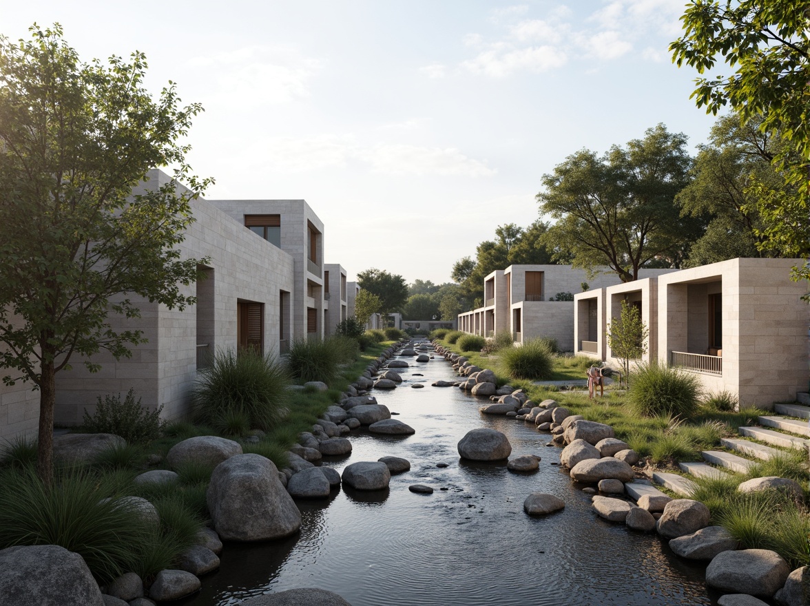 Prompt: Riverbank setting, limestone buildings, minimalist architecture, clean lines, simple forms, natural stone walls, large windows, sliding glass doors, sparse greenery, native plants, river rock formations, gentle water flow, serene atmosphere, soft morning light, shallow depth of field, 3/4 composition, panoramic view, realistic textures, ambient occlusion, weathered wood accents, industrial metal railings, stepping stones, natural pathways, subtle outdoor lighting.