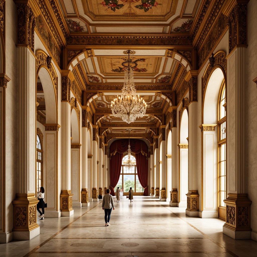 Prompt: Ornate Baroque palace, rich gold accents, warm beige stone walls, soft cream marble columns, intricate ornamental details, grandiose archways, lavish fresco ceilings, opulent crystal chandeliers, luxurious velvet drapes, warm golden lighting, shallow depth of field, 1/1 composition, symmetrical framing, realistic textures, ambient occlusion.