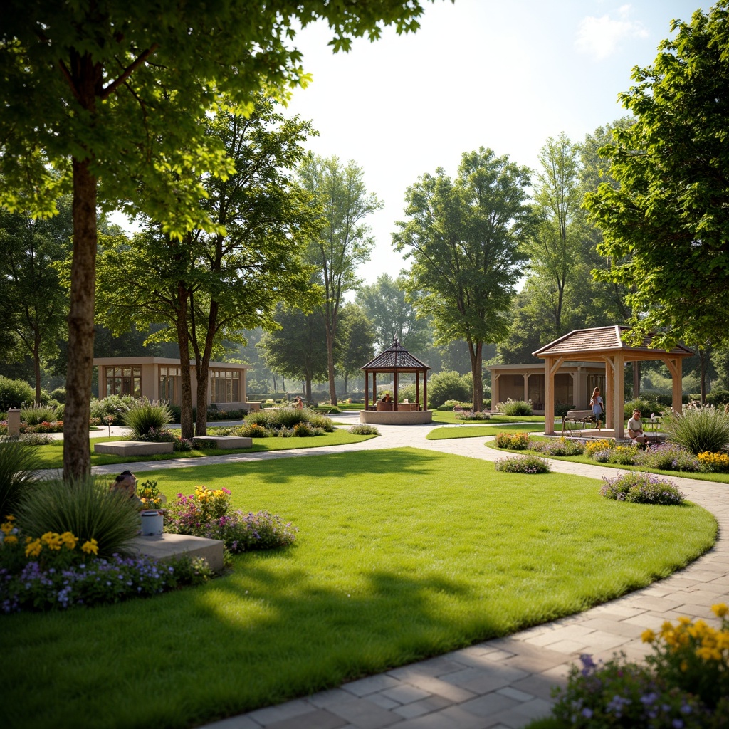 Prompt: Lush green lawn, vibrant flowers, meandering pathways, natural stone pavers, rustic wooden benches, shaded pergolas, ornate metal gazebos, tranquil water features, blooming trees, sunny day, soft warm lighting, shallow depth of field, 3/4 composition, panoramic view, realistic textures, ambient occlusion.