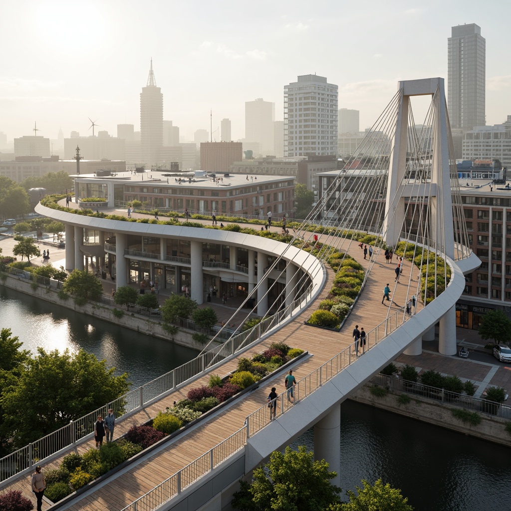 Prompt: Eco-friendly pedestrian bridge, sleek modern architecture, curved lines, wooden decking, steel cables, green roofs, solar panels, wind turbines, rainwater harvesting systems, LED lighting, energy-efficient design, minimal environmental impact, urban connectivity, vibrant cityscape, bustling streets, scenic waterfront, misty morning atmosphere, soft warm lighting, shallow depth of field, 1/1 composition, realistic textures, ambient occlusion.