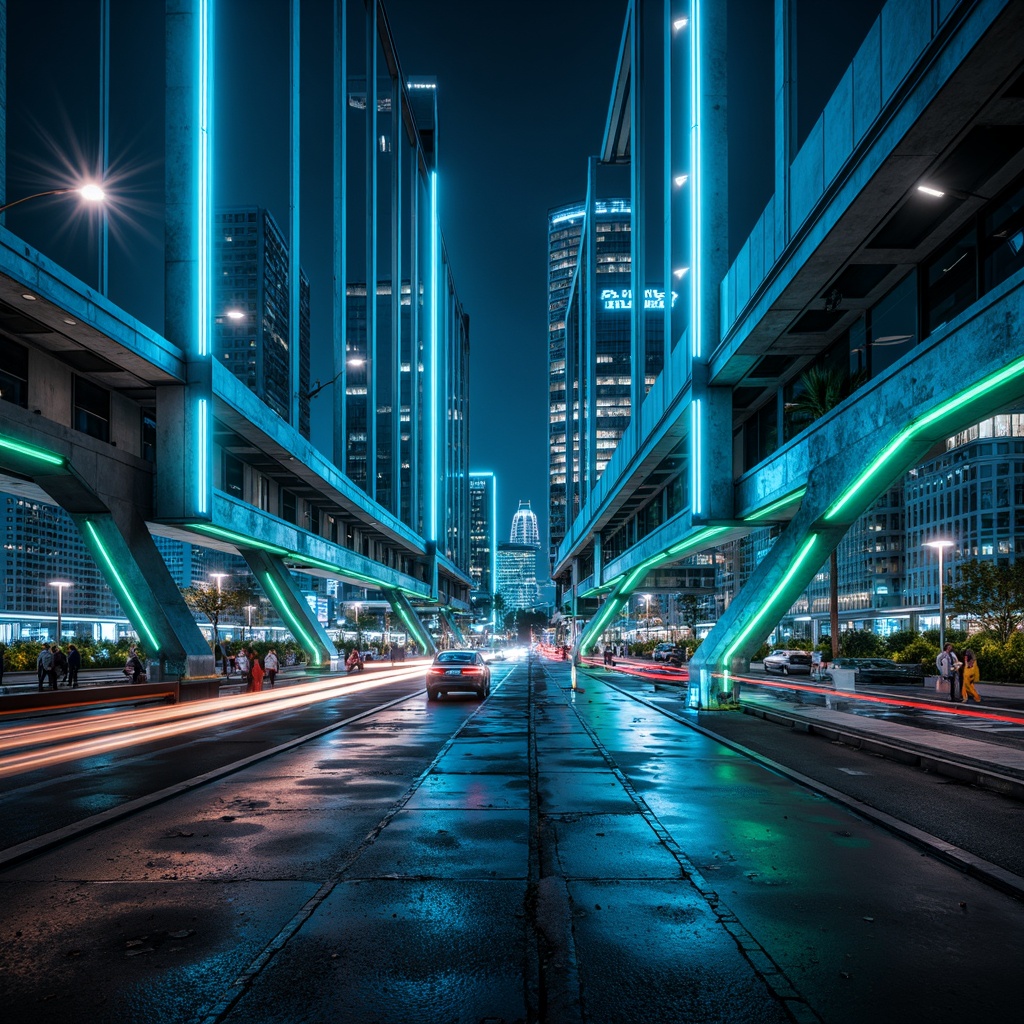 Prompt: Neon-lit cityscape, sleek high-tech bridges, metallic structures, bold angular lines, vibrant LED lights, electric blue hues, neon green accents, gleaming silver surfaces, futuristic architecture, modern urban planning, bustling metropolis, dramatic night lighting, shallow depth of field, 3/4 composition, panoramic view, realistic textures, ambient occlusion.