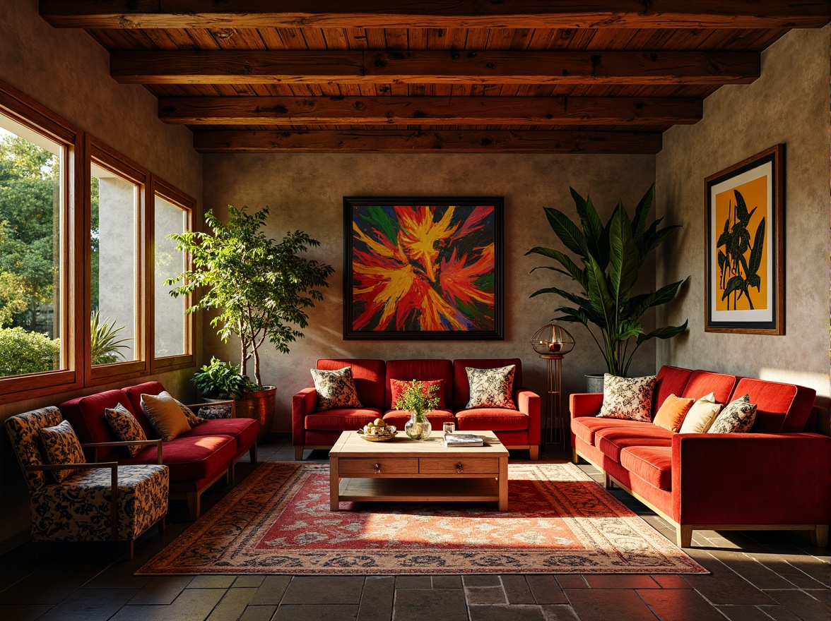 Prompt: Vibrant atmosphere, eclectic furniture, bold color scheme, warm golden lighting, rich wood accents, plush velvet fabrics, ornate metallic details, bohemian-inspired textiles, exotic plant life, natural stone flooring, distressed brick walls, abstract artwork, dynamic composition, high contrast ratio, 3/4 frame aspect, dramatic shadows, ambient occlusion.