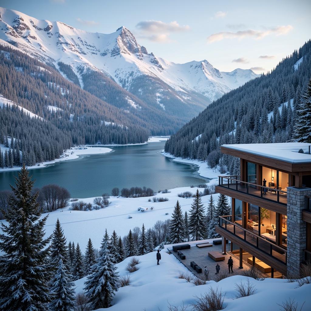 Prompt: Snow-capped mountains, lush forests, frozen lakes, ski trails, chairlifts, mountain lodges, wooden chalets, rustic stone walls, modern glass facades, cantilevered roofs, snow-covered rooftops, warm cozy interiors, crackling fireplaces, comfortable seating areas, panoramic views, soft warm lighting, shallow depth of field, 3/4 composition, realistic textures, ambient occlusion.Please let me know if this meets your requirements!