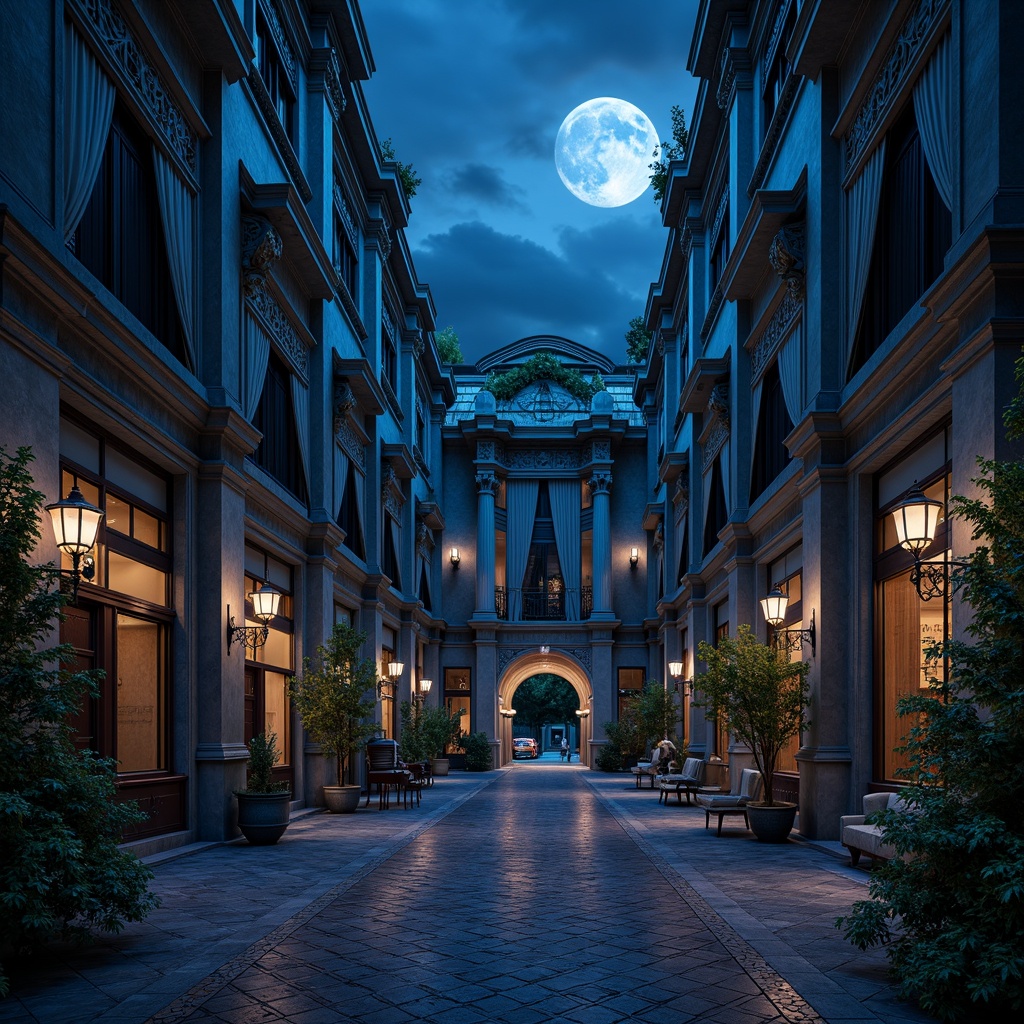 Prompt: Majestic Prussian blue buildings, intricate stone carvings, ornate metalwork, grandiose columns, luxurious velvet drapes, lavish chandeliers, regal furniture, mysterious night scenes, soft moonlight, subtle mist effects, 1/1 composition, dramatic spotlighting, rich textures, ambient occlusion.