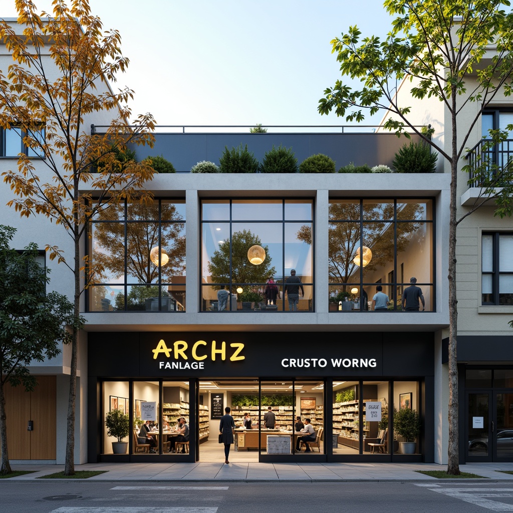 Prompt: Geometric grocery store facade, clean lines, rectangular forms, industrial materials, steel frames, large glass windows, minimalist signage, functional typography, primary color scheme, bold contrasts, urban cityscape, busy street scene, morning light, shallow depth of field, 1/1 composition, realistic textures, ambient occlusion.