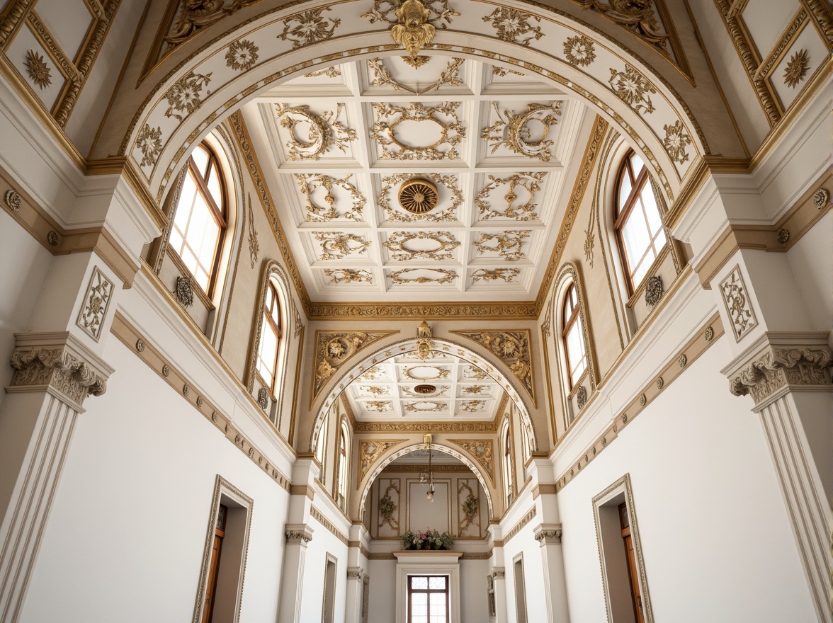 Prompt: Intricate ornate plaster ceilings, delicate filigree details, luxurious gold leaf accents, smooth white stucco walls, grandiose architectural columns, ornamental floral patterns, textured relief sculptures, soft warm lighting, shallow depth of field, 1/1 composition, realistic textures, ambient occlusion.