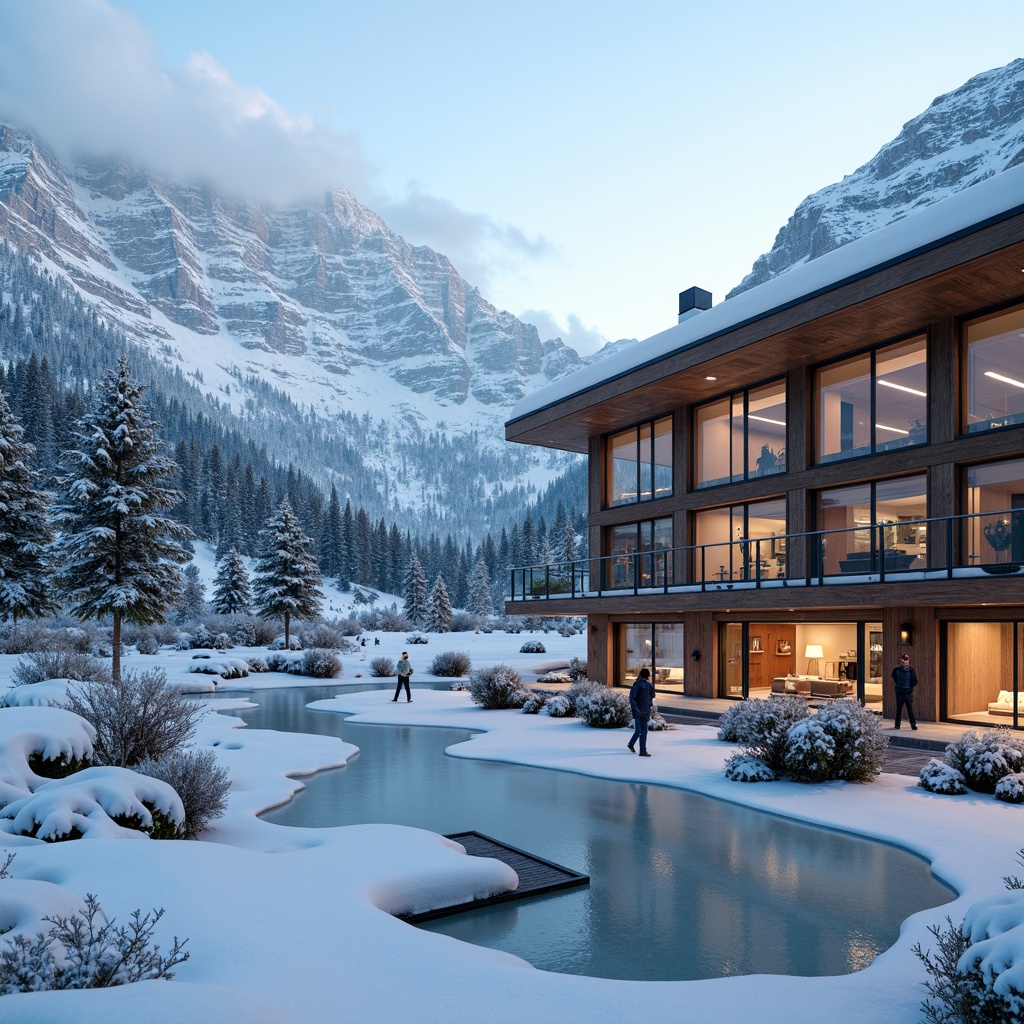 Prompt: Snow-capped mountains, frozen lakes, ski lifts, snowboarding equipment, warm wooden lodges, large glass facades, minimalist modern architecture, sleek steel frames, cantilevered roofs, natural stone walls, wooden accents, cozy fireplaces, soft warm lighting, shallow depth of field, 3/4 composition, panoramic view, realistic textures, ambient occlusion.