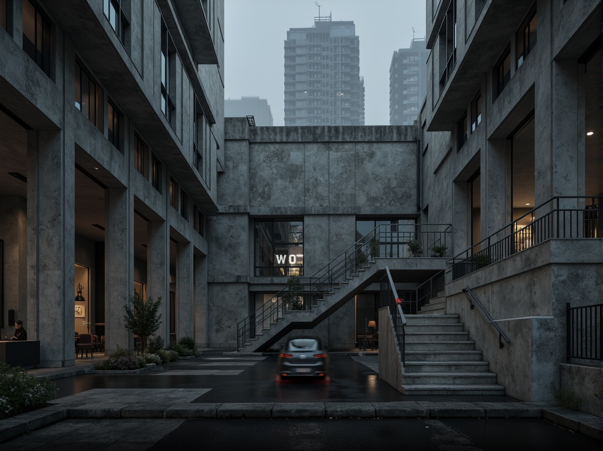 Prompt: Raw concrete pillars, rugged stone walls, angular metal beams, exposed ductwork, industrial lighting fixtures, minimalist signage, functional staircases, robust columns, fortress-like architecture, urban cityscape, overcast skies, dramatic shadows, high-contrast lighting, cinematic composition, gritty textures, atmospheric fog, brutalist aesthetic.