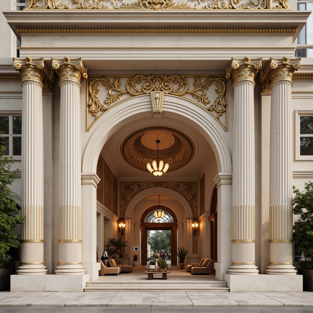 Prompt: Elegant neoclassical facade, ornate details, symmetrical composition, creamy white marble, rich gold accents, soft beige stonework, muted earthy tones, subtle terracotta hues, ornamental moldings, grandiose columns, refined lines, luxurious textiles, intricate frescoes, warm ambient lighting, shallow depth of field, 2/3 composition, harmonious color balance.