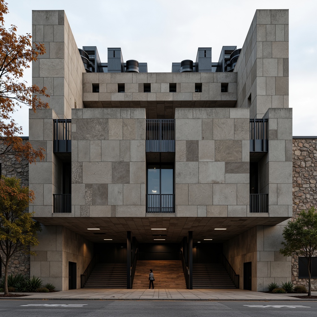 Prompt: Rugged auditorium facade, brutalist architecture, raw concrete walls, fortress-like structure, dramatic cantilevered rooflines, industrial metal beams, exposed ductwork, bold geometric shapes, muted earthy color palette, textured rough-hewn stone accents, minimalist ornamentation, functional simplicity, high-contrast dramatic lighting, low-angle heroic shot, cinematic composition, realistic weathering effects.