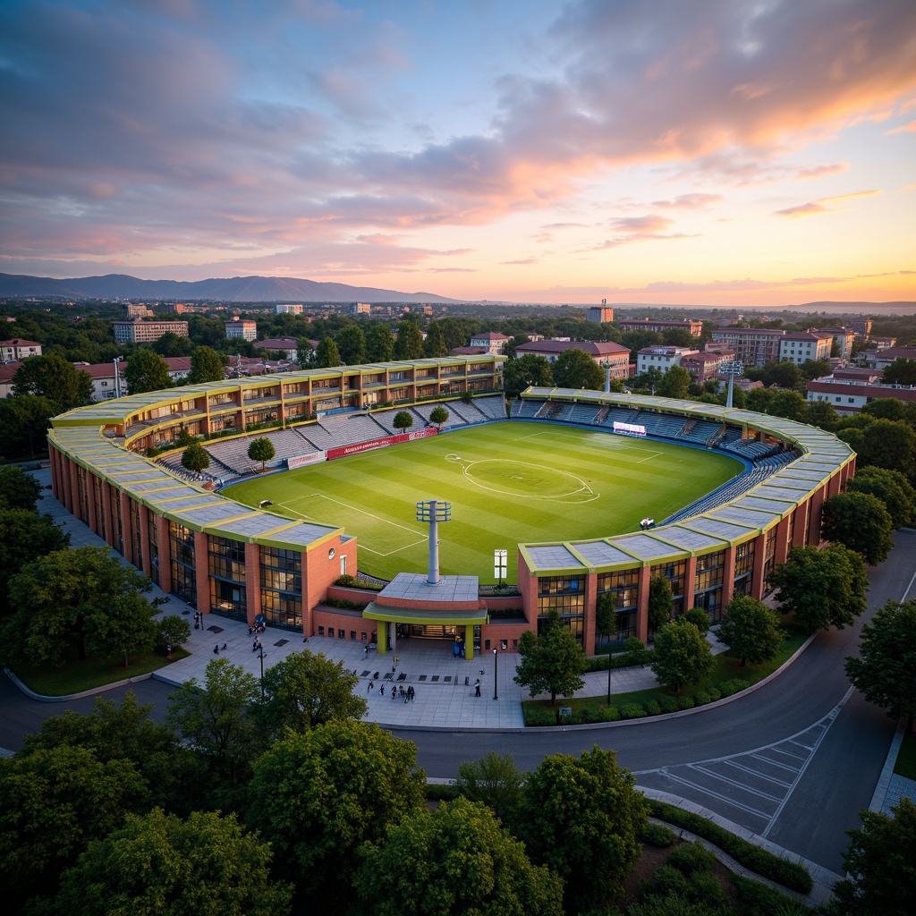 Prompt: Vibrant stadium architecture, undulating green roofs, lush vegetation, natural stone facades, curved lines, cantilevered canopies, open-air concourses, panoramic views, tiered seating areas, sports facilities, athletic tracks, grandstand structures, scoreboard displays, floodlighting systems, warm sunset ambiance, soft focus blur, 1/1 composition, realistic textures, ambient occlusion.