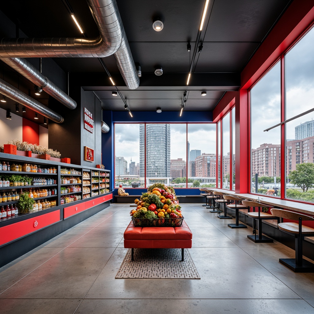 Prompt: Industrial-chic grocery store, Bauhaus-inspired design, primary colors of bold red and blue, contrasting with neutral whites and grays, exposed ductwork, polished concrete floors, metal shelving units, geometric-patterned tile work, minimalist signage, functional lighting fixtures, urban cityscape views, cloudy day, soft diffused lighting, shallow depth of field, 1/1 composition, realistic textures, ambient occlusion.