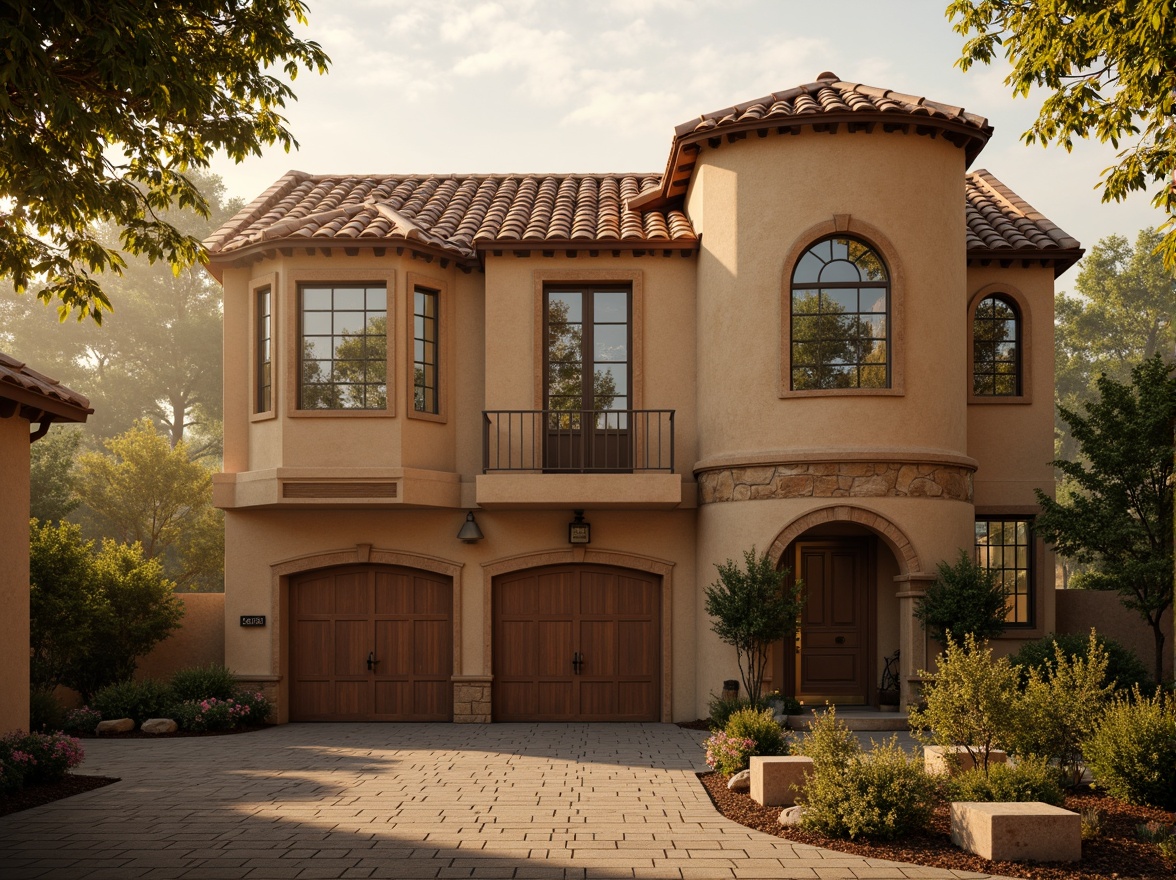 Prompt: Earth-toned Romanesque house, rustic stone walls, warm beige facades, terracotta roof tiles, ornate archways, heavy wooden doors, intricate carvings, vintage bronze hardware, soft golden lighting, misty morning atmosphere, natural texture overlays, atmospheric perspective, 2/3 composition, cinematic depth of field.