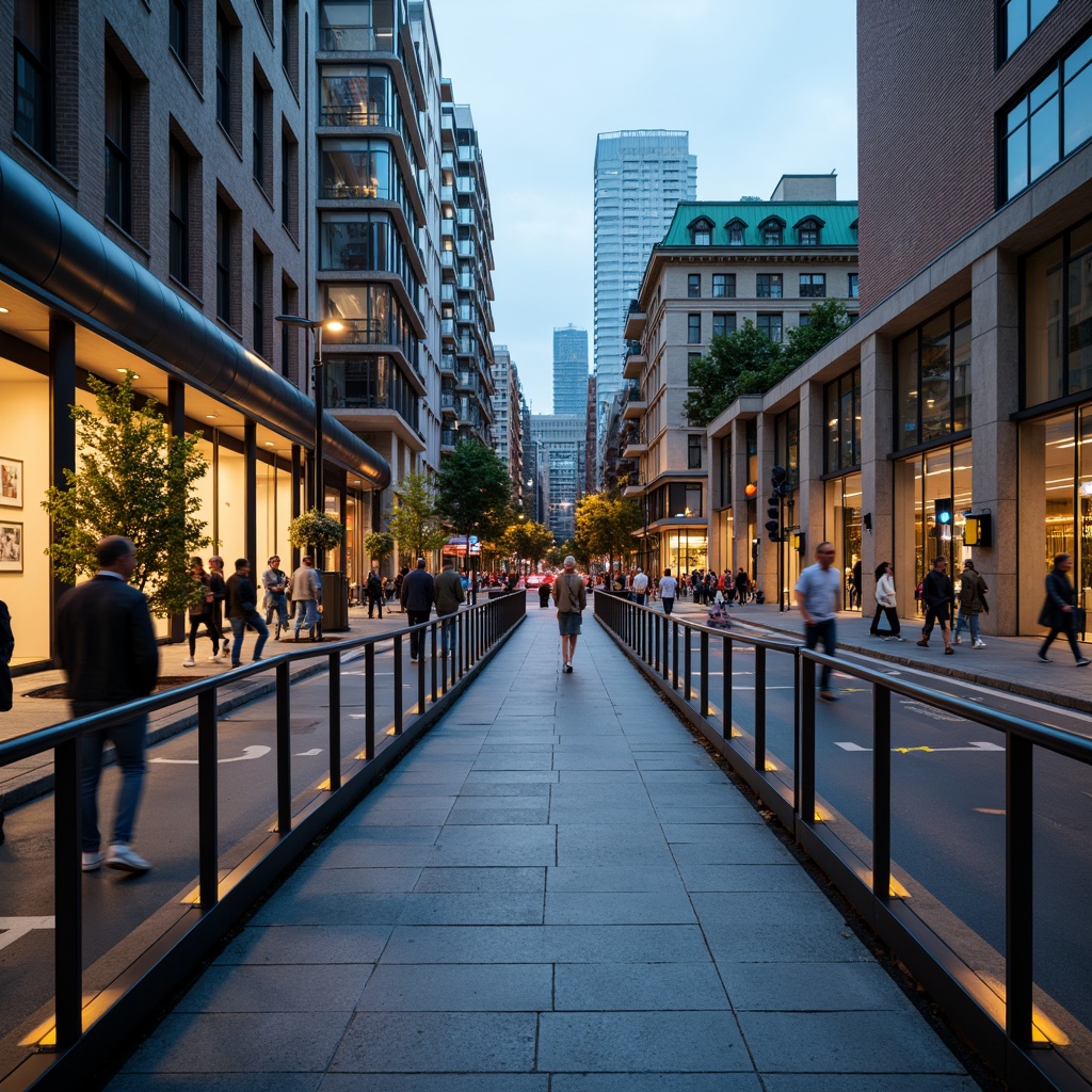 Prompt: Curved pedestrian bridge, sleek metal railings, glass floors, urban cityscape, bustling streets, vibrant streetlights, modern architecture, gentle slope, accessible ramps, safety features, disabled-friendly design, natural stone columns, green roofs, ambient occlusion, warm evening lighting, 1/1 composition, realistic reflections, shallow depth of field, pedestrian traffic flow, urban connectivity.