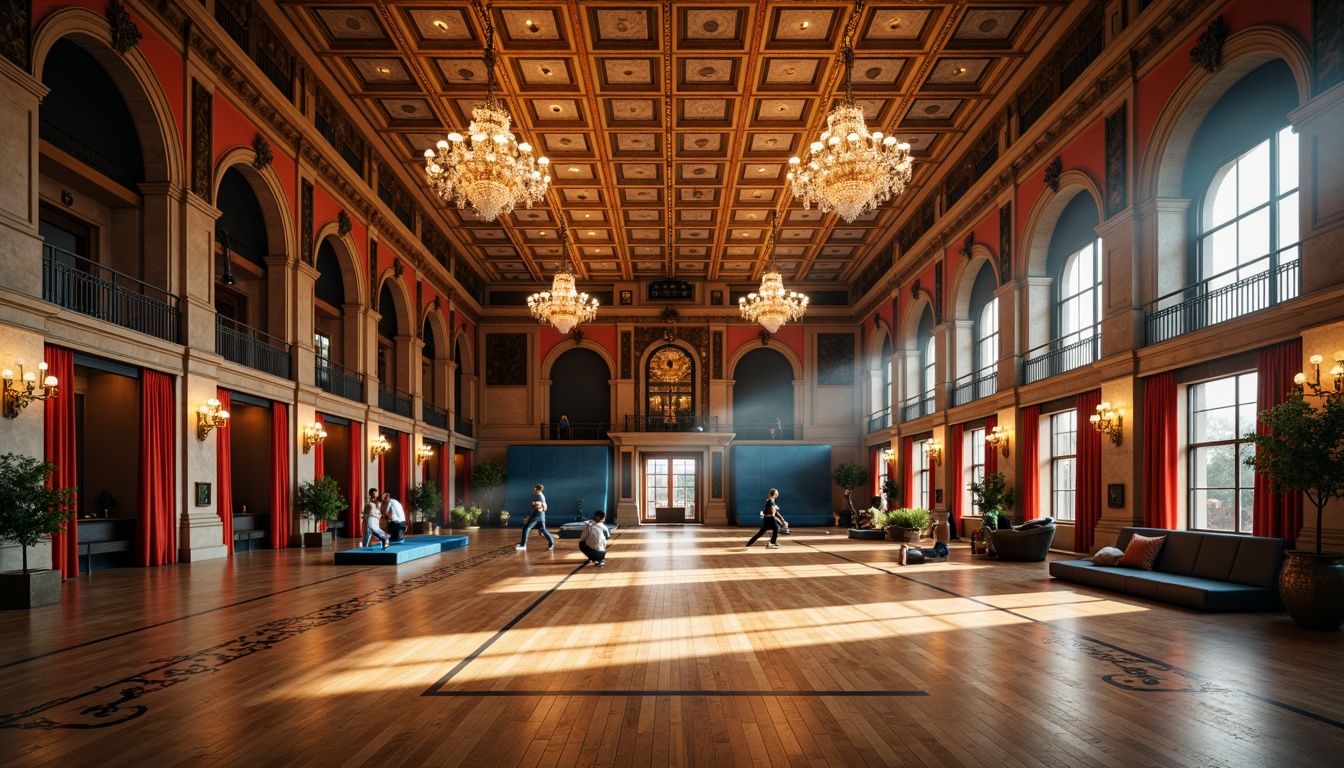 Prompt: \Elegant gymnasium interior, ornate wooden flooring, grand chandeliers, lavish curtains, intricate stucco ceiling, regal archways, imposing stone columns, ornamental metal railings, vibrant sports equipment, dynamic athletic tracks, modern LED lighting, soft ambient glow, shallow depth of field, 1/2 composition, realistic textures, ambient occlusion, warm atmospheric color palette.\Let me know if this meets your requirements!