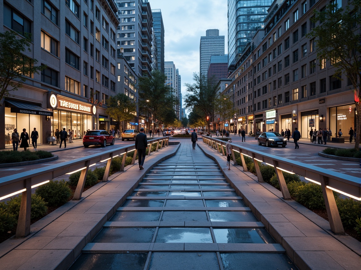 Prompt: Pedestrian bridge, sleek modern design, curved lines, stainless steel railings, transparent glass floors, urban cityscape, bustling streets, vibrant streetlights, evening atmosphere, soft warm lighting, shallow depth of field, 3/4 composition, panoramic view, realistic textures, ambient occlusion, dynamic flow, interactive pedestrian traffic, safe walkways, accessible ramps, inclusive public spaces, sustainable urban planning, green infrastructure, innovative engineering solutions.