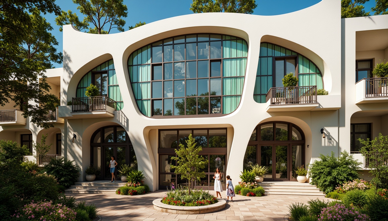 Prompt: Ornate gymnasium facade, sinuous Art Nouveau lines, flowing organic shapes, vibrant turquoise accents, glazed ceramic tiles, wrought iron balconies, grand entrance archways, stained glass windows, ornamental metalwork, lush greenery, blooming flowers, sunny day, soft warm lighting, shallow depth of field, 3/4 composition, realistic textures, ambient occlusion.