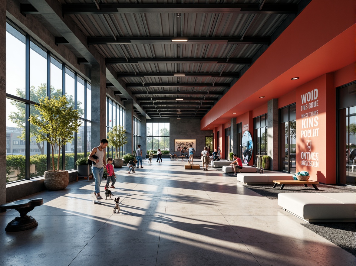 Prompt: Modern fitness club interior, expansive windows, natural light pouring in, sleek metal beams, polished concrete floors, minimalist decor, vibrant color accents, state-of-the-art exercise equipment, mirrored walls, motivational quotes, ambient lighting, soft shadows, 1/1 composition, shallow depth of field, panoramic view, realistic textures, subtle reflections.