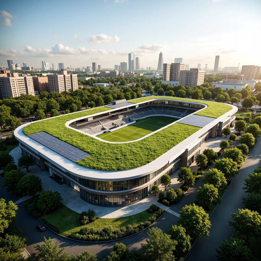 Prompt: Eco-friendly stadium, green roof, solar panels, rainwater harvesting system, recycled materials, natural ventilation, large windows, transparent fa\u00e7ade, minimal carbon footprint, energy-efficient systems, sustainable building practices, modern curved lines, sleek architecture, vibrant green surroundings, lush vegetation, urban landscape, sunny day, soft warm lighting, shallow depth of field, 3/4 composition, panoramic view, realistic textures, ambient occlusion.