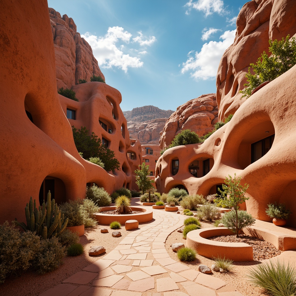 Prompt: Warm earthy canyon, rust-red rock formations, sandy beige terrain, turquoise blue skies, cactus plants, driftwood accents, natural stone pathways, adobe-inspired architecture, curved lines, organic shapes, vibrant Native American patterns, woven textiles, terracotta pottery, sun-kissed warm lighting, shallow depth of field, 2/3 composition, realistic rock textures, ambient occlusion.