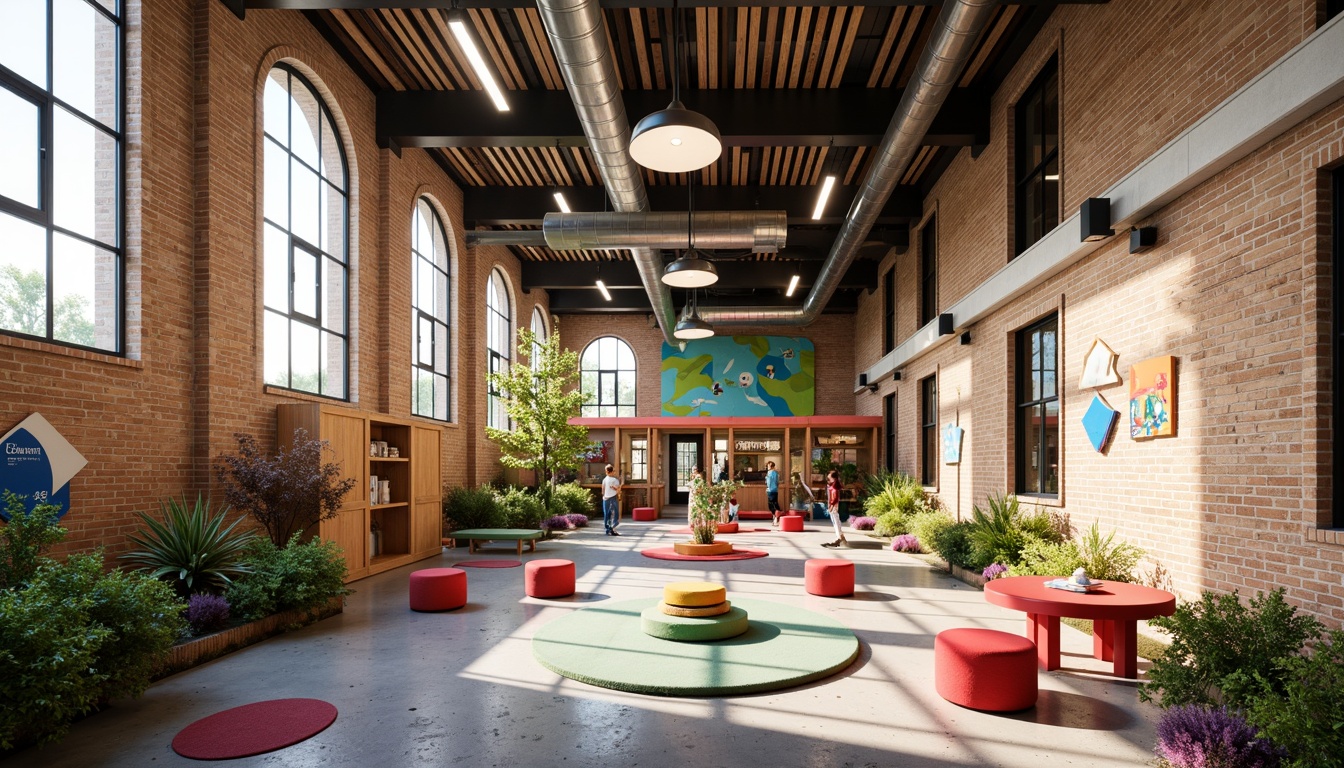 Prompt: Vibrant kindergarten building, playful eclecticism, mixed materials, reclaimed wood accents, bright color schemes, whimsical decorative elements, textured brick walls, polished concrete floors, exposed ductwork, industrial-style lighting fixtures, cozy reading nooks, oversized windows, natural light pouring in, lush greenery, potted plants, interactive play areas, sensory-stimulating textures, abstract art installations, modern furniture pieces, ergonomic seating, collaborative learning spaces, flexible modular layouts, warm ambient lighting, shallow depth of field, 1/1 composition, realistic materials rendering.