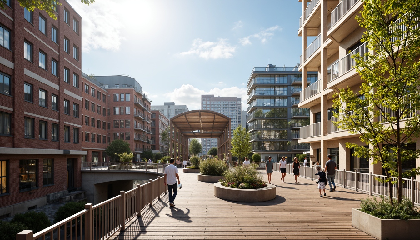 Prompt: Curved pedestrian bridge, sustainable materials, recycled steel structures, wooden decking, energy-harvesting LED lighting, solar panels, green roofs, rainwater harvesting systems, minimal environmental footprint, modern minimalist design, sleek lines, urban cityscape, bustling streets, vibrant street art, eclectic architecture, warm sunny day, soft natural lighting, shallow depth of field, 1/1 composition, realistic textures, ambient occlusion.