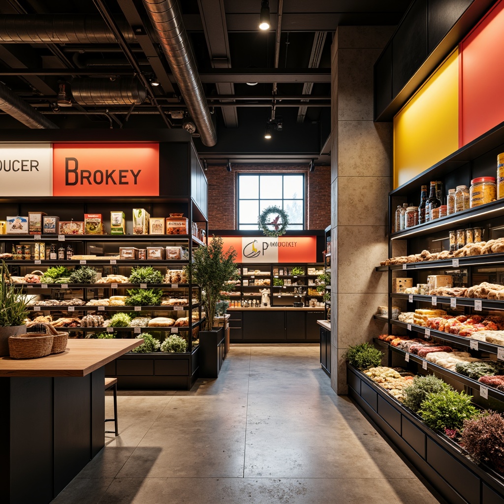 Prompt: Industrial-chic grocery store, primary color blocks, bold typography, rectangular shapes, raw concrete floors, metal shelving units, functional lighting, exposed ductwork, urban atmosphere, morning sunlight, high-contrast shadows, 1/1 composition, geometric patterns, minimalist decor, industrial-style signage, distressed wood accents, matte finishes, neutral background colors, pop of bright red, bold black lines, urban decay textures, cinematic lighting.