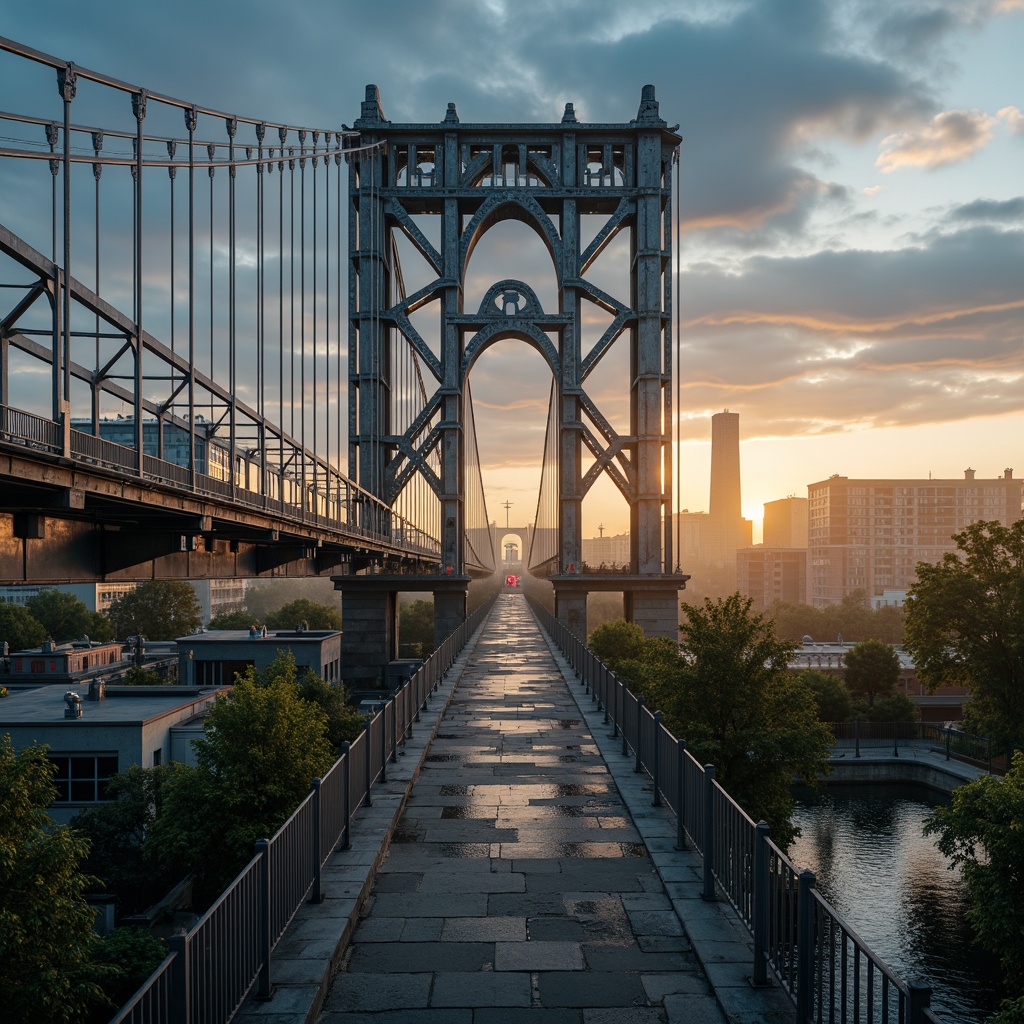 Prompt: Industrial steel bridges, rustic metal textures, weathered patina, muted blue-grey hues, warm golden lighting, misty atmospheric effects, dramatic sunsets, urban cityscapes, modern architectural design, sleek cable suspensions, sturdy pillar supports, pedestrian walkways, scenic river views, vibrant greenery, natural stone foundations, soft gradient skies, 1/2 composition, cinematic mood, realistic reflections.