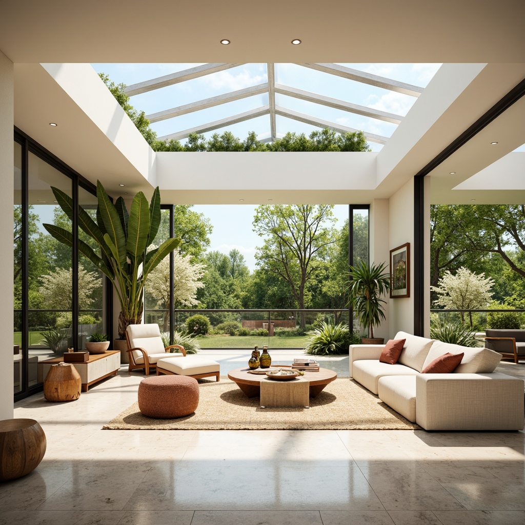 Prompt: Vibrant living room, large windows, sliding glass doors, minimal window frames, clerestory windows, skylights, transparent roofs, open floor plans, reflective surfaces, polished marble floors, creamy white walls, natural stone textures, lush greenery, blooming flowers, sunny day, soft warm lighting, shallow depth of field, 1/1 composition, panoramic view, realistic textures, ambient occlusion.