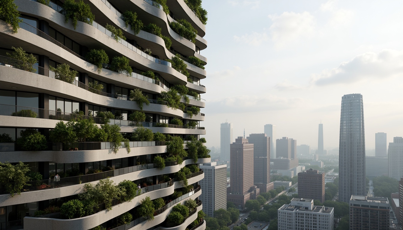 Prompt: Curved skyscraper facade, organic forms, irregular shapes, natural stone cladding, green walls, living roofs, cantilevered balconies, floor-to-ceiling windows, minimalist railings, futuristic design, eco-friendly materials, sustainable building practices, urban jungle, cityscape views, misty morning atmosphere, soft diffused lighting, shallow depth of field, 1/2 composition, cinematic perspective, realistic reflections.