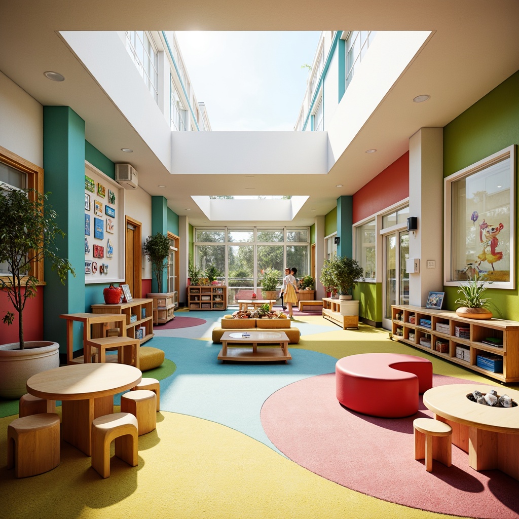 Prompt: Vibrant kindergarten, colorful murals, playful furniture, soft natural light, large windows, transparent glass doors, skylights, clerestory windows, warm wood accents, cozy reading nooks, educational displays, interactive play areas, kid-friendly textures, safe rubber flooring, gentle color palette, airy open spaces, minimalist design, sustainable materials, eco-friendly atmosphere, blooming plants, sunny day, soft shadows, shallow depth of field, 3/4 composition, panoramic view, realistic rendering.