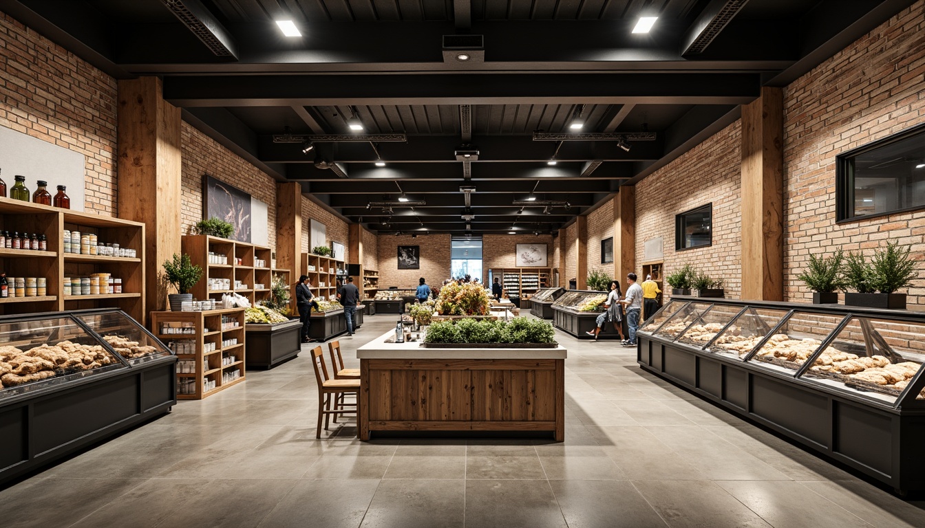 Prompt: Industrial-chic Bauhaus grocery store, exposed brick walls, polished concrete floors, reclaimed wood shelving, metal beams, minimalist decor, functional lighting, matte black fixtures, stainless steel countertops, glass display cases, natural stone accent walls, earthy color palette, abundant natural light, soft warm ambiance, shallow depth of field, 1/1 composition, realistic textures, ambient occlusion.