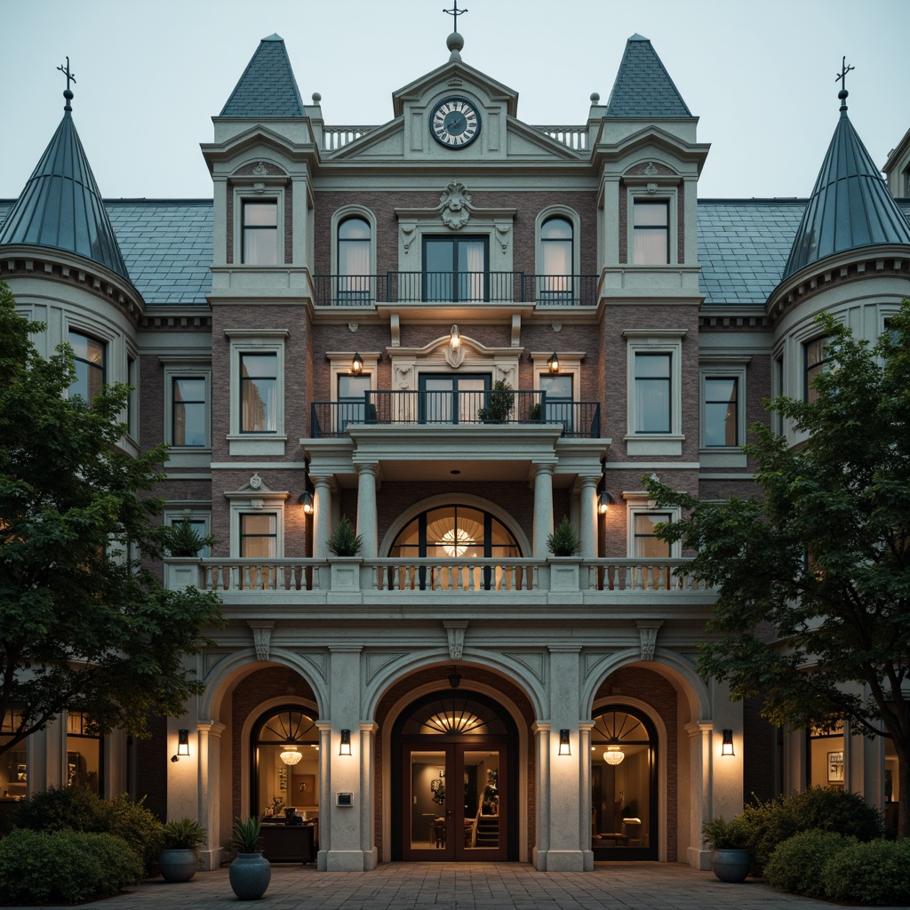 Prompt: Grandiose academic building facade, neoclassical architecture style, ornate stone carvings, intricate columns, imposing archways, majestic clock towers, weathered copper roofs, vintage lanterns, dramatic spotlights, cinematic camera angles, symmetrical composition, low-angle shot, atmospheric fog, warm golden lighting, rich textures, subtle color grading.