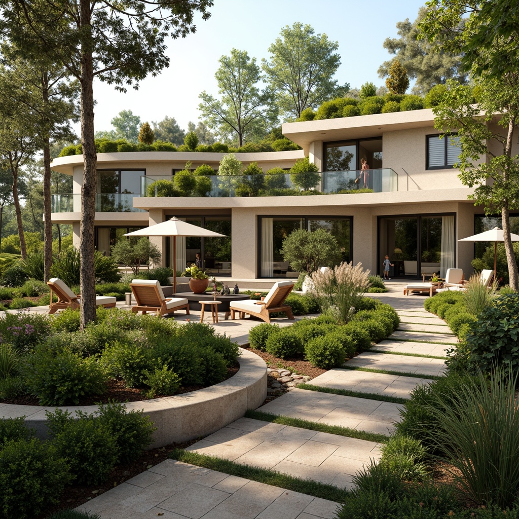 Prompt: Harmonious landscape integration, lush green roofs, native plant species, meandering walkways, organic building forms, natural stone walls, curved lines, earthy color palette, seamless indoor-outdoor transitions, floor-to-ceiling windows, sliding glass doors, soft diffused lighting, warm beige tones, 1/2 composition, atmospheric perspective, realistic foliage, ambient occlusion, subtle texture overlays.