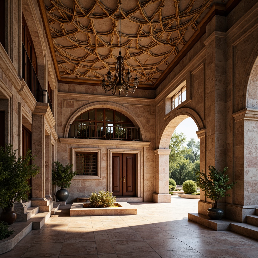 Prompt: Intricate ornamental arches, elegant curves, luxurious gold accents, ornate carvings, symmetrical compositions, grand entranceways, majestic columns, refined stonework, rustic brick patterns, Mediterranean-inspired architecture, warm ambient lighting, soft focus, shallow depth of field, 1/1 composition, realistic textures.