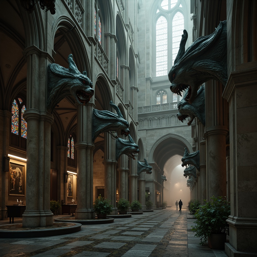 Prompt: Gothic cathedral, ornate stone carvings, grotesque gargoyles, mythical creatures, water-spouting mouths, fierce expressions, intricately detailed wings, scales, claws, weathered stone surfaces, medieval-era craftsmanship, grandiose architecture, ribbed vaults, flying buttresses, stained glass windows, mysterious ambiance, dimly lit interiors, soft warm lighting, dramatic shadows, low-key composition, atmospheric fog, misty mornings.