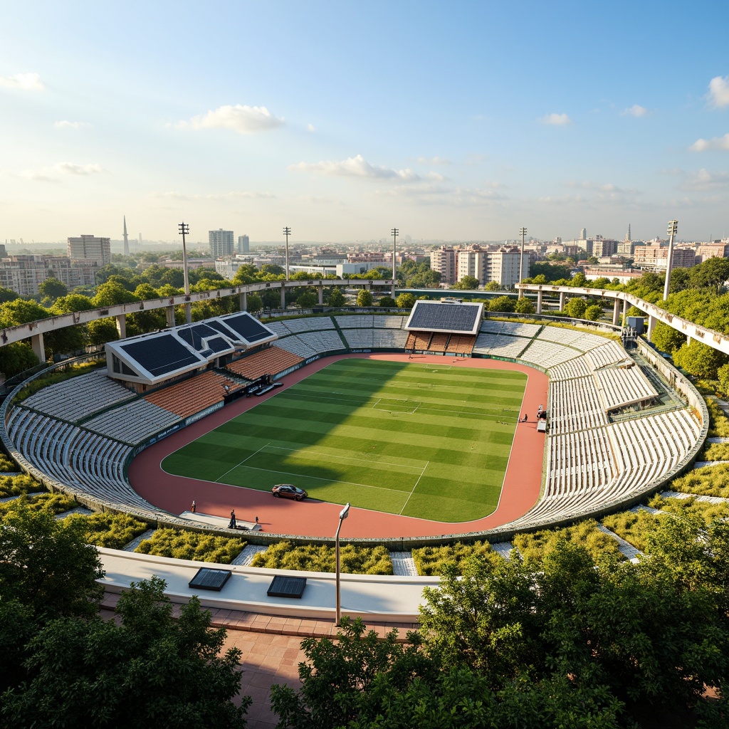 Prompt: Eco-friendly stadium, lush green roofs, solar panels, wind turbines, recycled materials, energy-efficient systems, modern fusion architecture, curved lines, dynamic shapes, vibrant colors, natural ventilation, ample daylight, comfortable seating, athletic tracks, professional sports equipment, scoring boards, floodlights, misting systems, shaded spectator areas, Arabic-inspired patterns, intricate geometric motifs, warm sunny day, soft natural lighting, shallow depth of field, 3/4 composition, panoramic view, realistic textures, ambient occlusion.