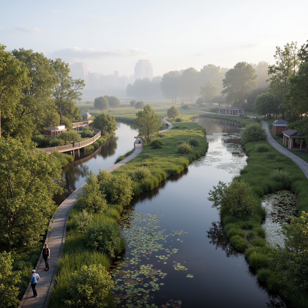 Prompt: \Serenely integrated wetland landscape, winding waterways, lush aquatic plants, rippling ponds, misty morning atmosphere, natural stone walkways, wooden boardwalks, observation decks, birdwatching stations, educational signage, native wildlife habitats, thriving vegetation, vibrant wildflowers, subtle color palette, soft diffused lighting, shallow depth of field, 2/3 composition, panoramic view, realistic water effects, ambient occlusion.\