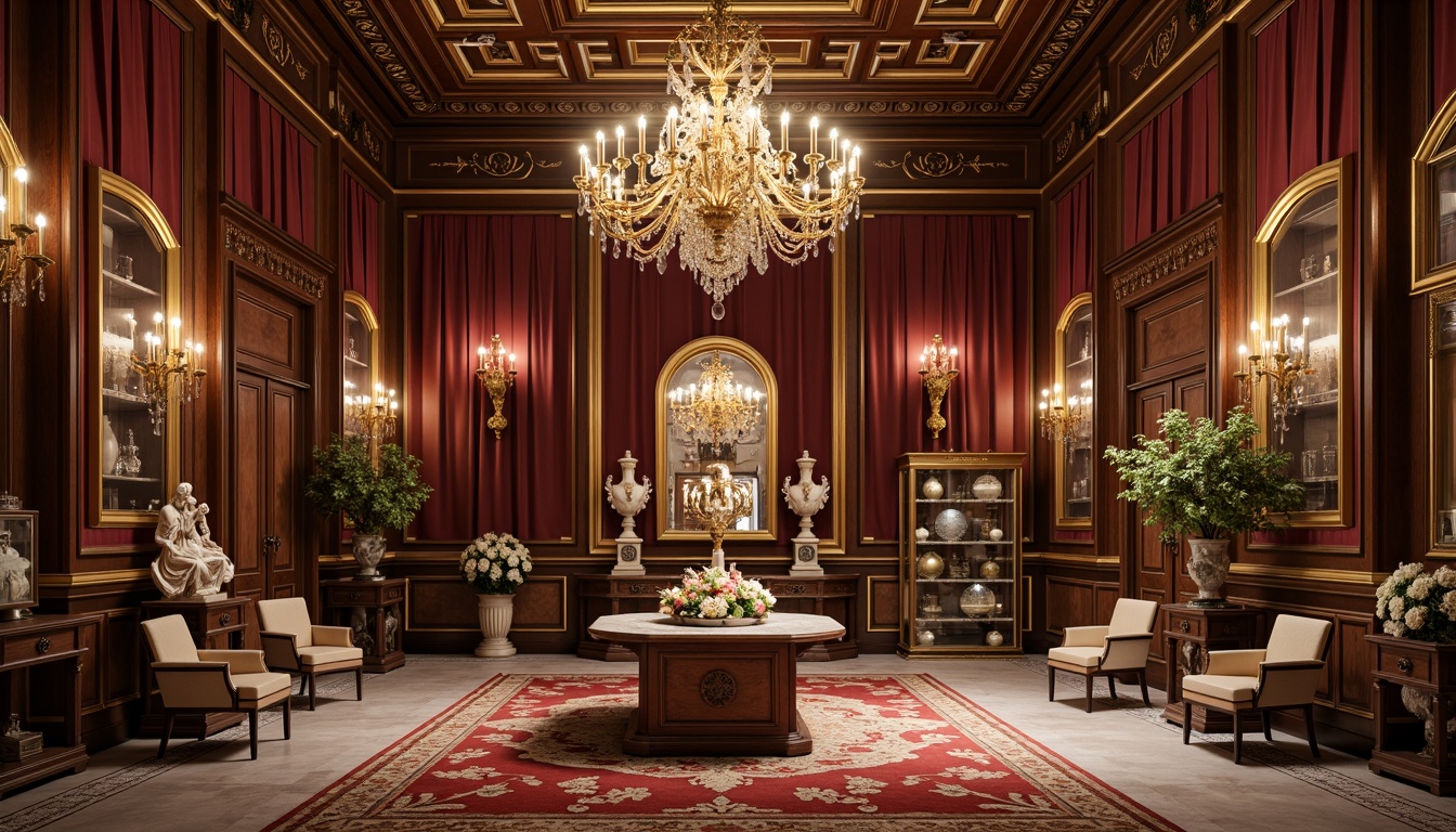 Prompt: Grandiose chandeliers, ornate moldings, rich wood paneling, velvet drapes, luxurious carpets, antique furniture, neoclassical architecture, high ceilings, marble floors, crystal decorations, golden accents, elegant pedestals, refined showcases, dramatic spotlights, soft warm lighting, subtle shadows, 1/1 composition, symmetrical layout, ornate mirrors, intricate carvings, classic sculptures, sophisticated color palette.