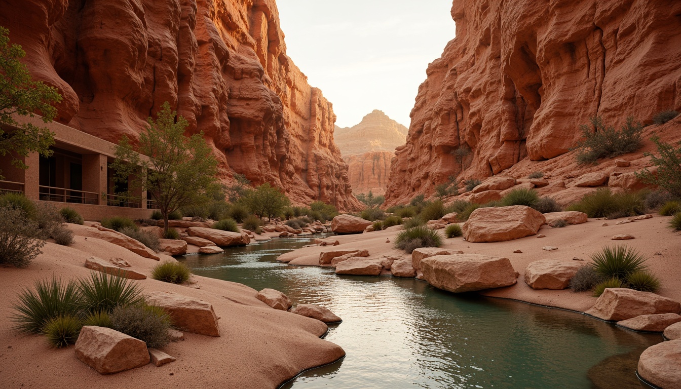 Prompt: Warm canyon landscape, earthy tone colors, terracotta red rocks, sandy beige dunes, turquoise water streams, lush green cacti, weathered wooden accents, natural stone textures, rustic metal details, vibrant sunset hues, soft warm lighting, atmospheric perspective, shallow depth of field, 1/1 composition, realistic rock formations, ambient occlusion.