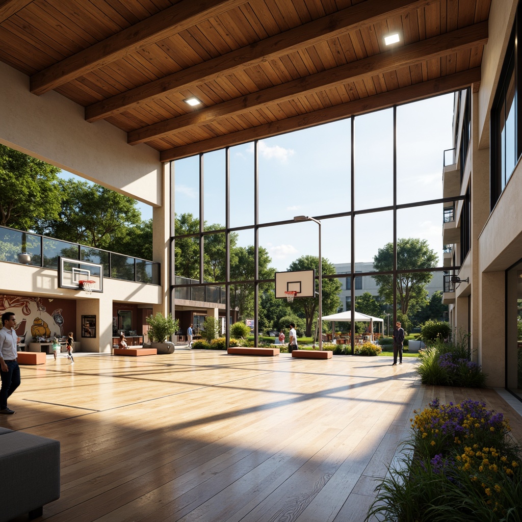 Prompt: Natural light-filled gymnasium, wooden flooring, retractable basketball hoops, athletic equipment, mirrored walls, modern architecture, large windows, sliding glass doors, lush greenery, outdoor courtyards, vibrant flowers, walking trails, fitness stations, shaded outdoor spaces, misting systems, comfortable seating areas, sports-themed murals, ambient occlusion, soft warm lighting, 3/4 composition, realistic textures.