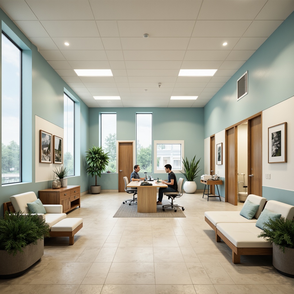 Prompt: Calming healthcare facility, soothing color scheme, pale blue walls, creamy white accents, warm beige floors, natural wood tones, gentle lighting, soft pastel shades, calming greenery, serene water features, minimalist decor, modern medical equipment, comfortable patient rooms, spacious waiting areas, ergonomic furniture, calming artwork, subtle branding elements, 1/1 composition, shallow depth of field, realistic textures.