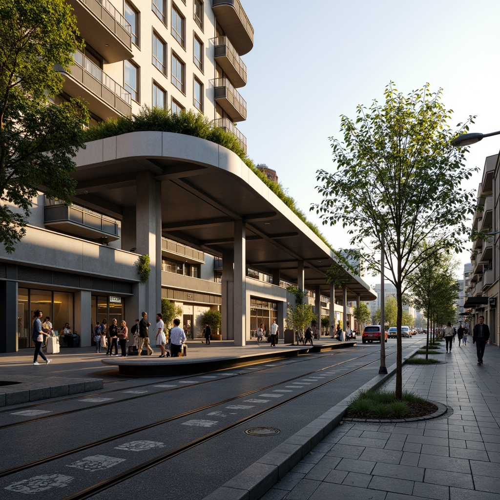 Prompt: Modern tram station, green roof, solar panels, rainwater harvesting systems, recycled materials, energy-efficient lighting, natural ventilation, minimalist design, curved lines, transparent glass fa\u00e7ade, urban landscape, bustling city streets, morning rush hour, soft warm lighting, shallow depth of field, 1/1 composition, symmetrical framing, realistic textures, ambient occlusion.