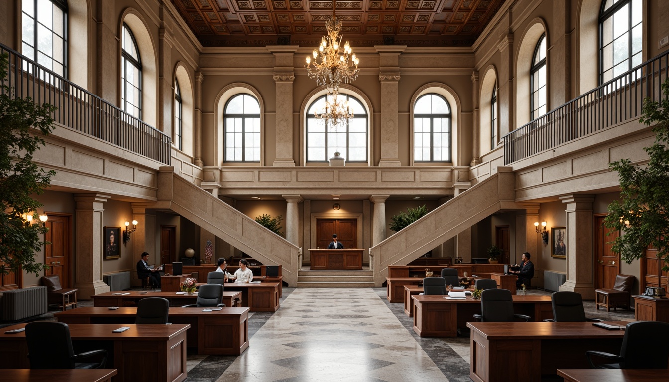 Prompt: Grand courthouse entrance, high ceilings, marble floors, ornate chandeliers, wooden benches, judge's chambers, courtroom furniture, witness stands, lawyer's tables, jury boxes, grand staircases, intricate moldings, neoclassical architecture, natural stone walls, bronze door handles, large windows, soft diffused lighting, 1/2 composition, shallow depth of field, realistic textures, ambient occlusion.