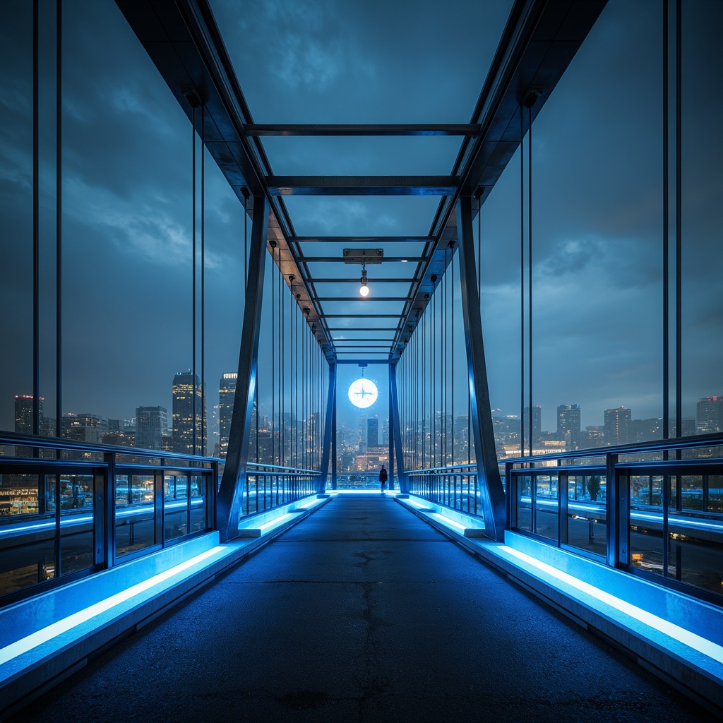 Prompt: Futuristic bridge architecture, metallic silver beams, neon blue accents, glowing white LED lights, sleek glass railings, high-tech sensor systems, modern minimalist design, urban cityscape, nighttime lighting, misty atmospheric effects, shallow depth of field, 3/4 composition, panoramic view, realistic reflective surfaces, ambient occlusion.