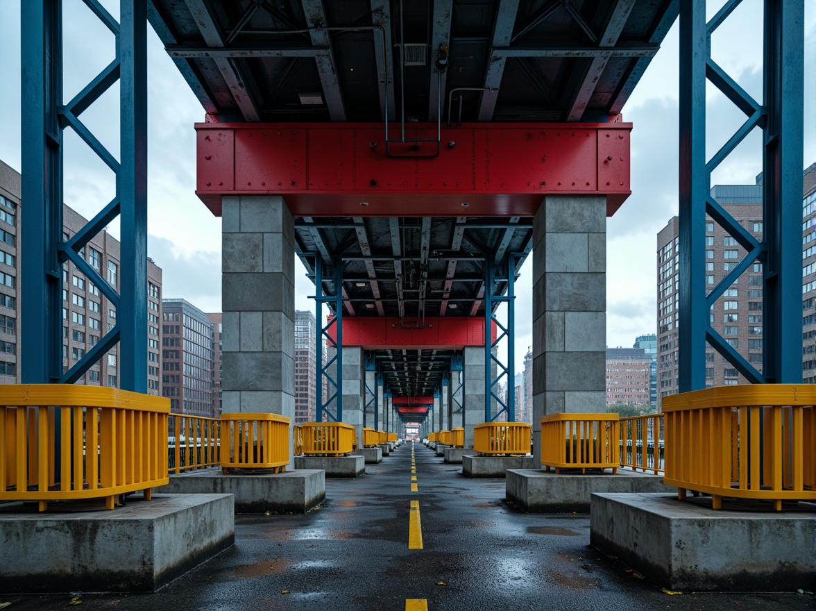 Prompt: Industrial constructivist bridge, steel beams, riveted connections, bold primary colors, bright red accents, deep blue shadows, yellow safety rails, concrete piers, urban cityscape, cloudy grey sky, dramatic low-angle shot, high-contrast lighting, sharp geometric shapes, metallic textures, abstract composition, 2/3 framing, cinematic atmosphere.