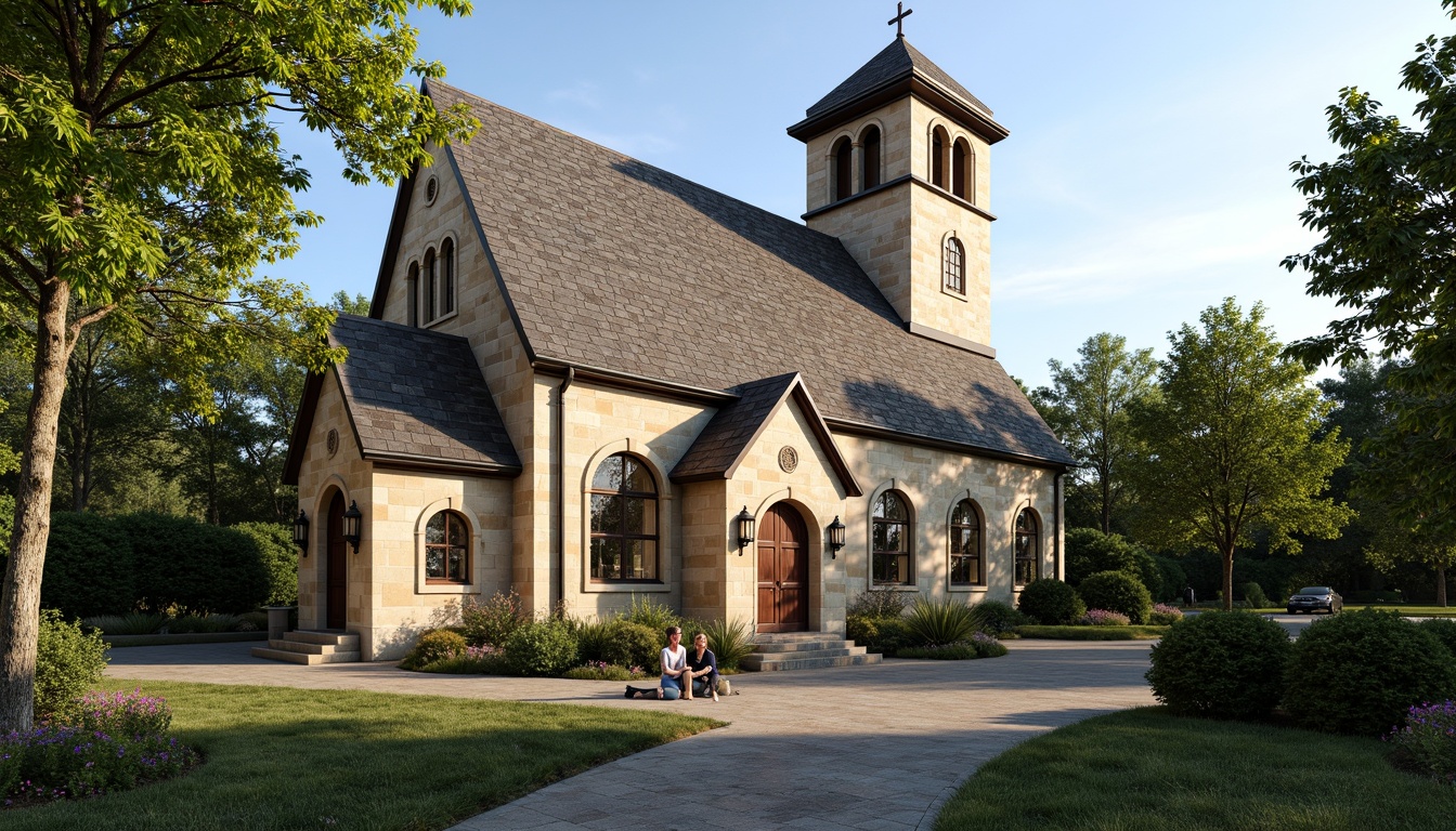 Prompt: Rustic suburban church, stone fa\u00e7ade, arched windows, stained glass details, wooden doors, ornate metal hardware, pitched roofs, slate tiles, verdant surroundings, lush greenery, blooming flowers, serene atmosphere, warm natural lighting, soft shadows, subtle color palette, traditional architectural style, symmetrical composition, central entrance, decorative tower, peaceful ambiance, natural textures, ambient occlusion.